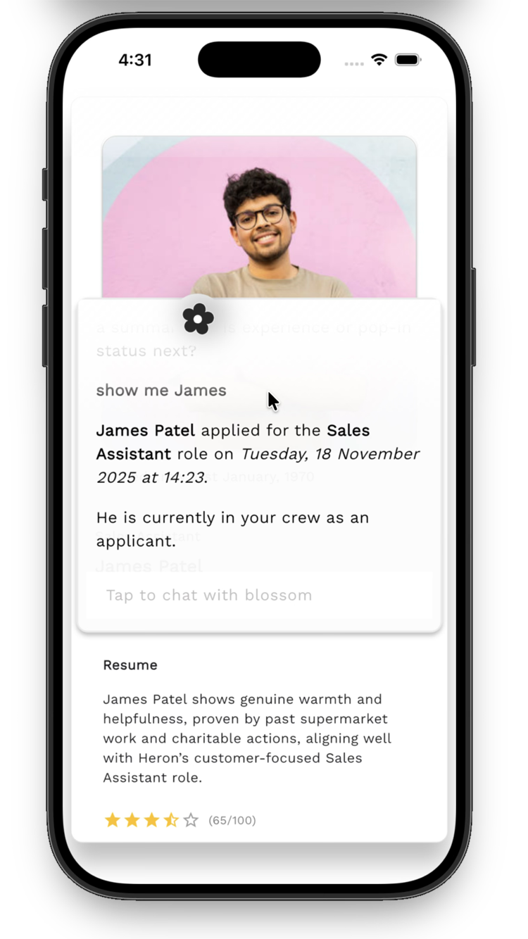 Blossom Hire phone preview showing an applicant summary and role-readiness details