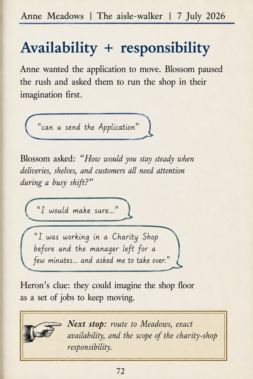 Anne book page showing their Blossom conversation, responsibility evidence and Heron's clue.