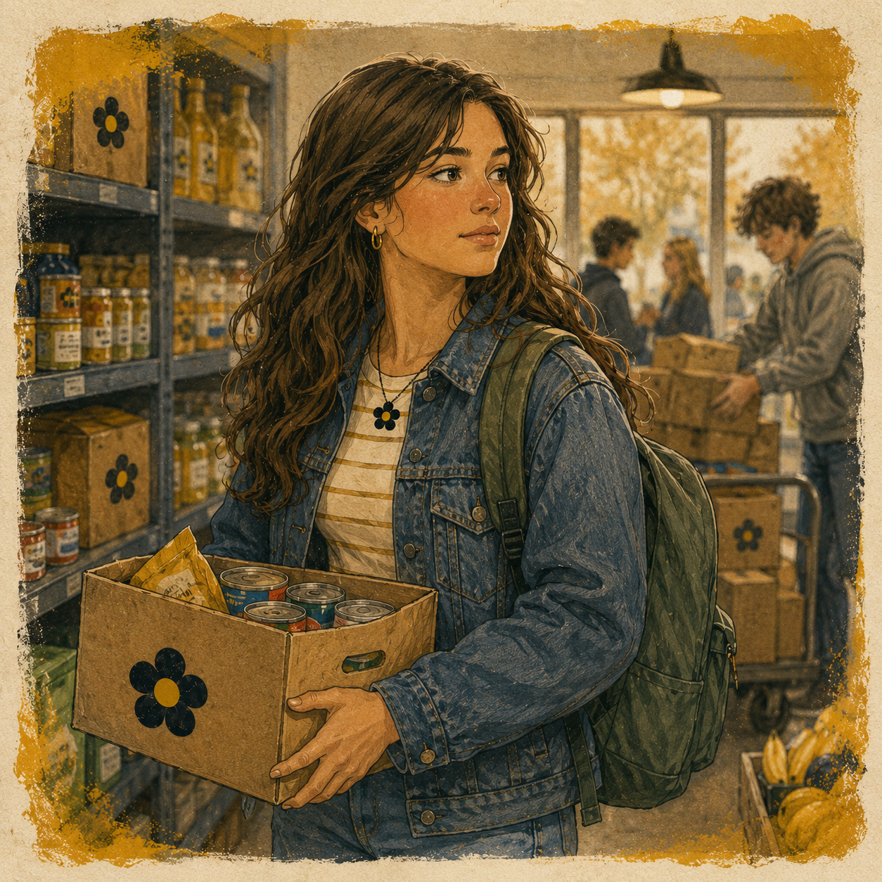 Storybook portrait of Anne taking responsibility for stock at Heron Foods