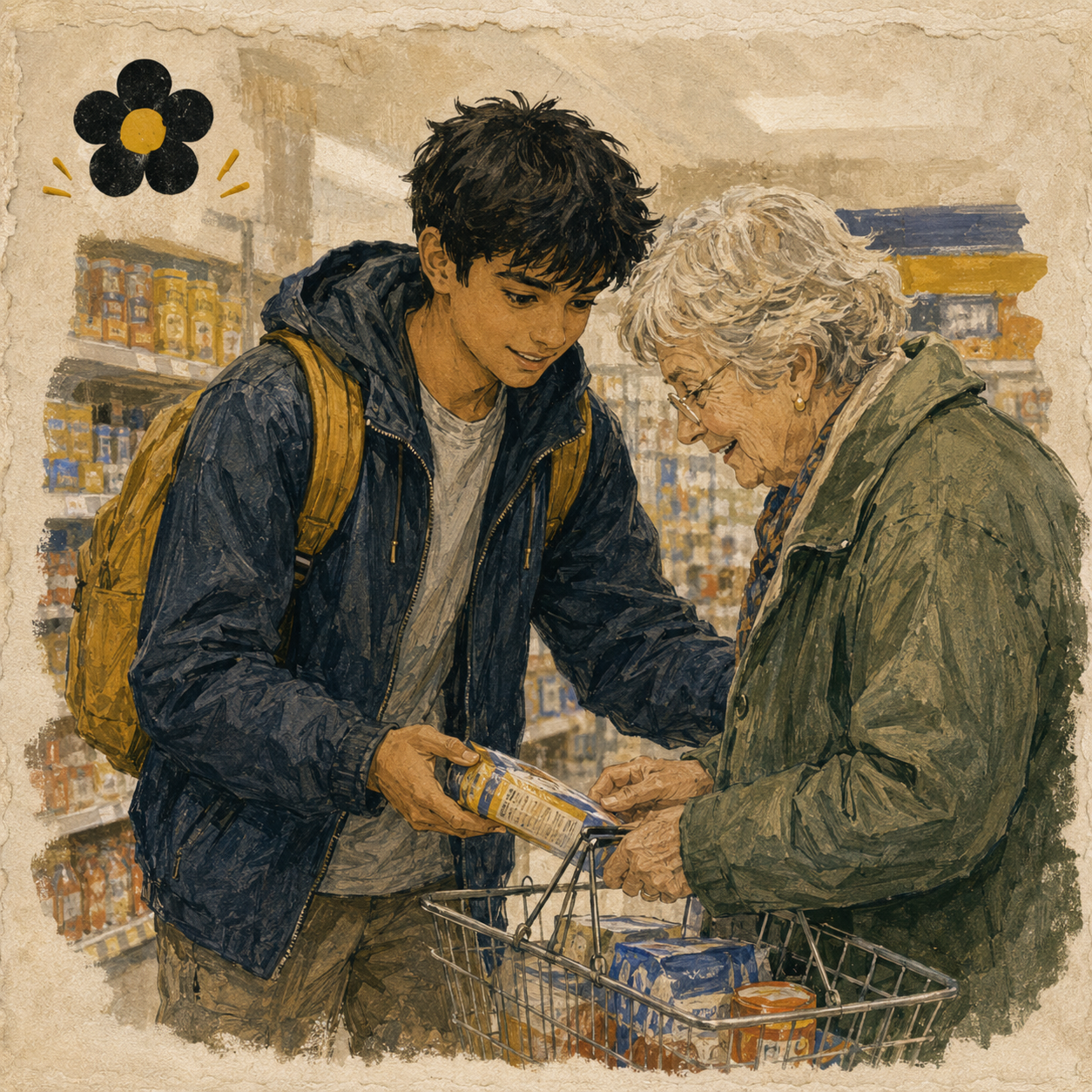 Storybook portrait of Dick helping an older customer at Heron Foods