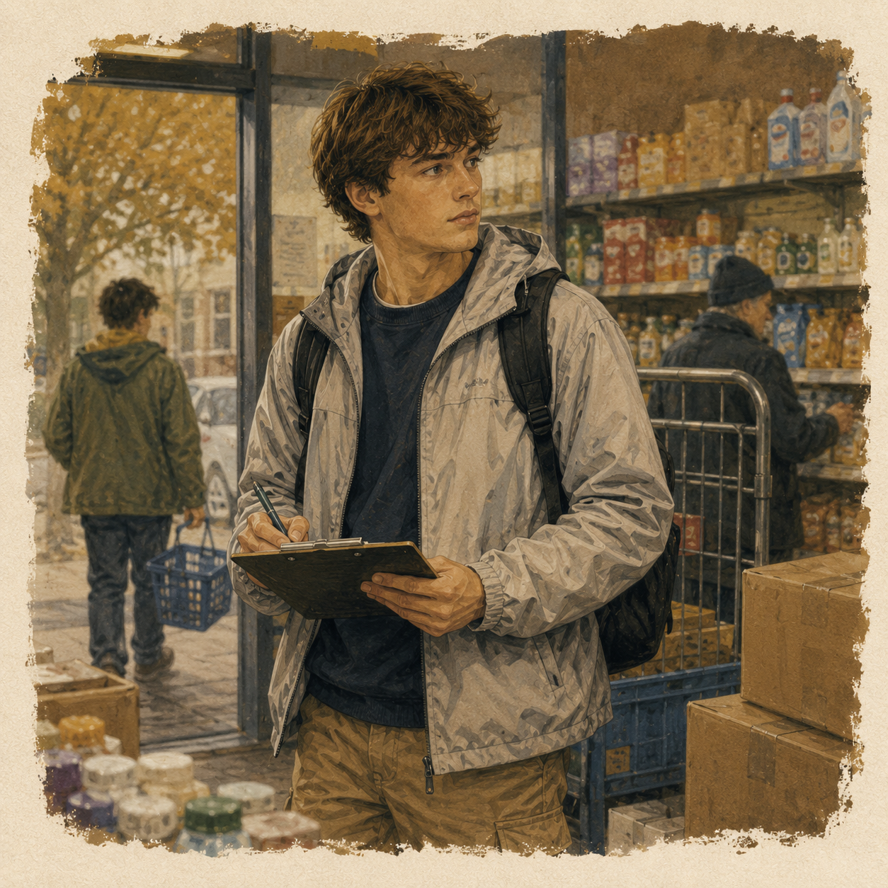 Storybook portrait of George gathering clues at Heron Foods
