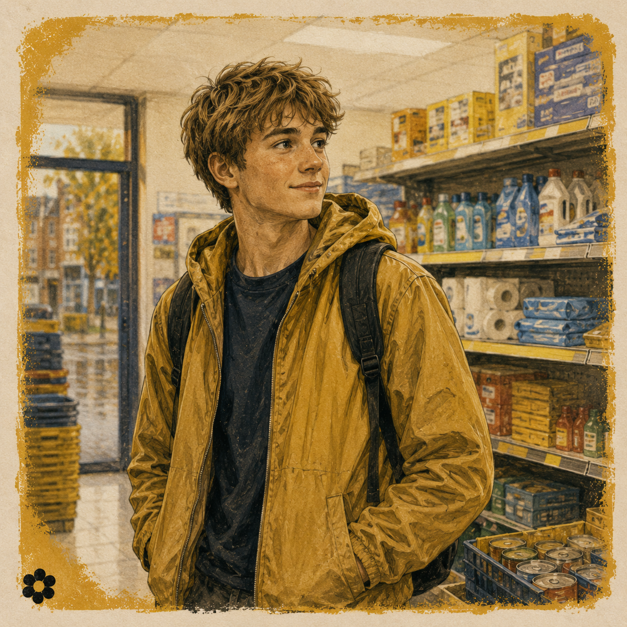 Storybook portrait of Julian at Heron Foods