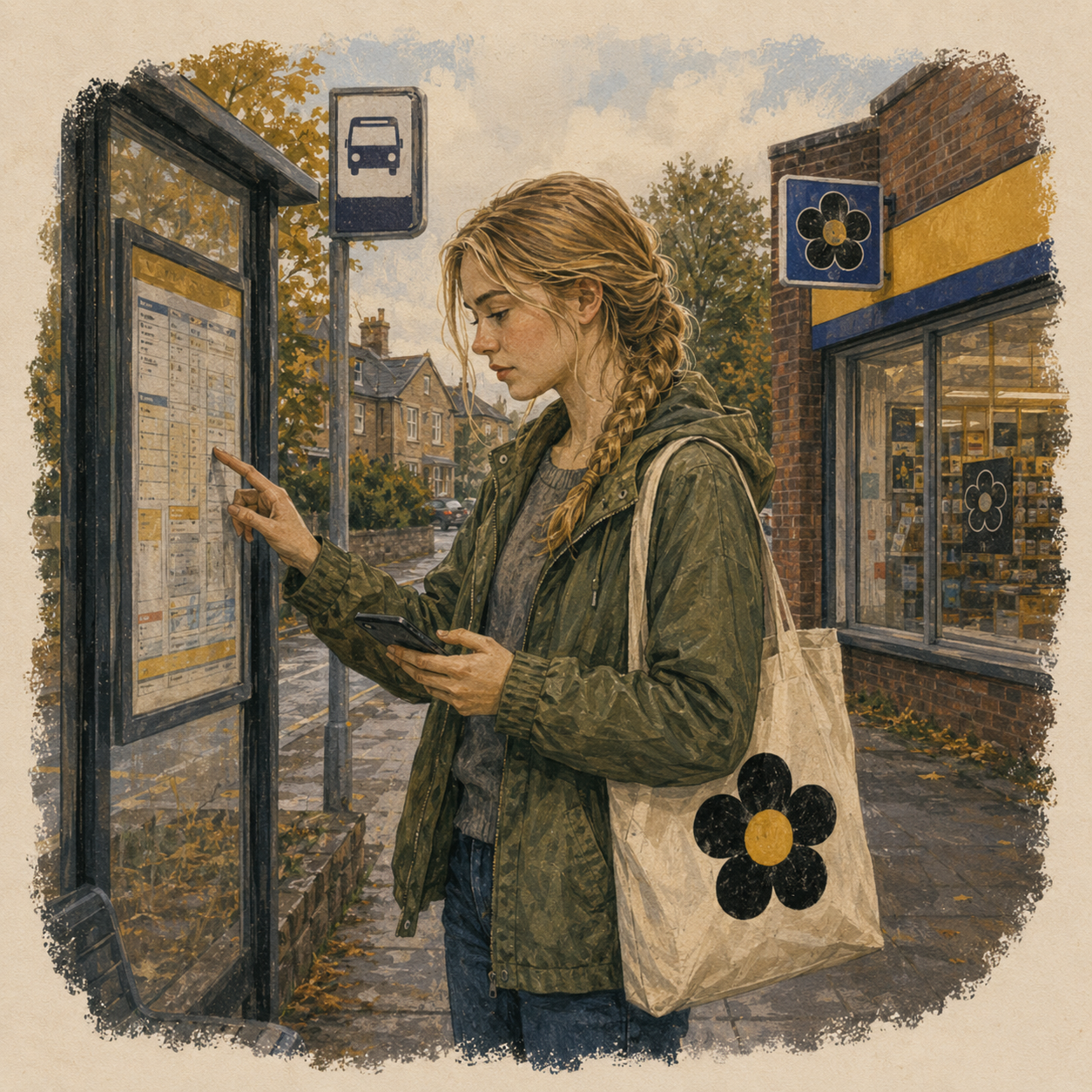 Storybook portrait of Sarah checking the bus timetable outside Heron Foods
