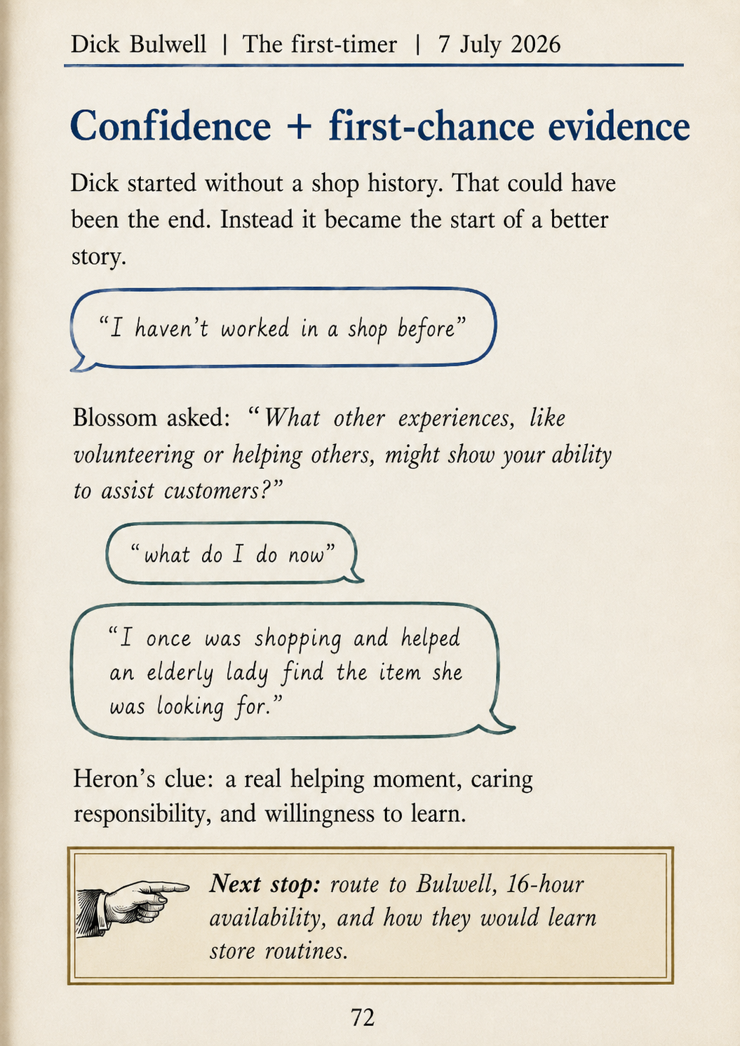 Dick book page showing their Blossom conversation, first-chance evidence and Heron's clue.