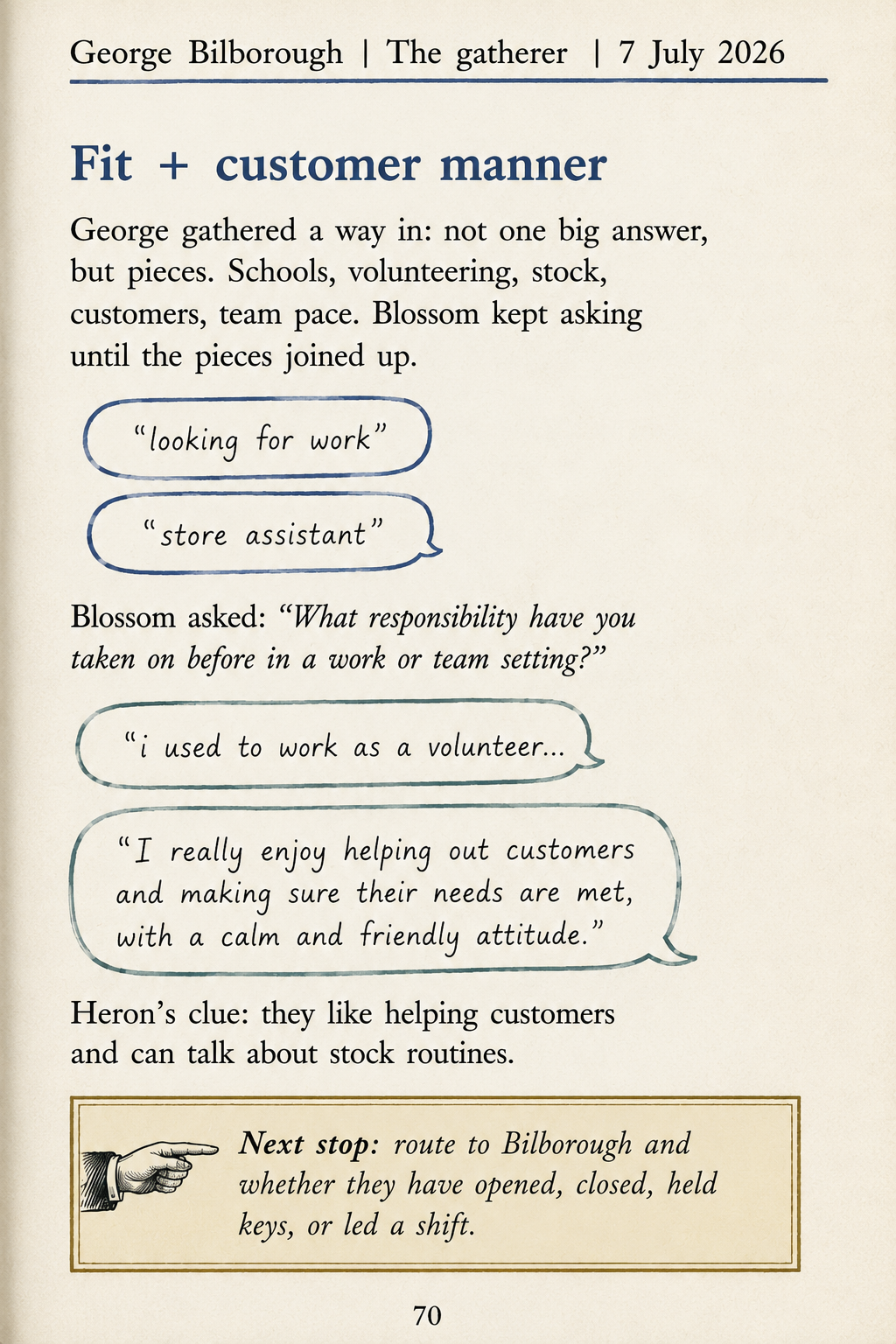 George book page showing their Blossom conversation, customer-service evidence and Heron's clue.