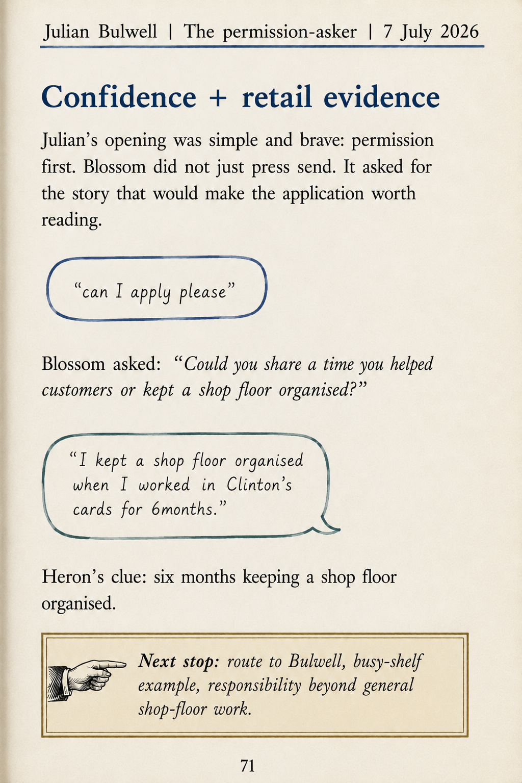 Julian book page showing their Blossom conversation, retail evidence and Heron's clue.
