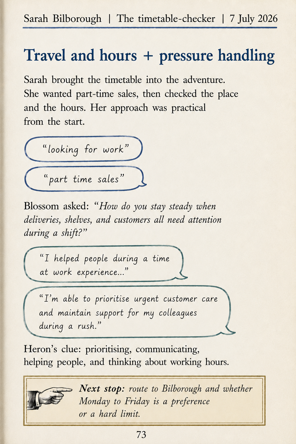 Sarah book page showing her Blossom conversation, timetable fit and Heron's clue.